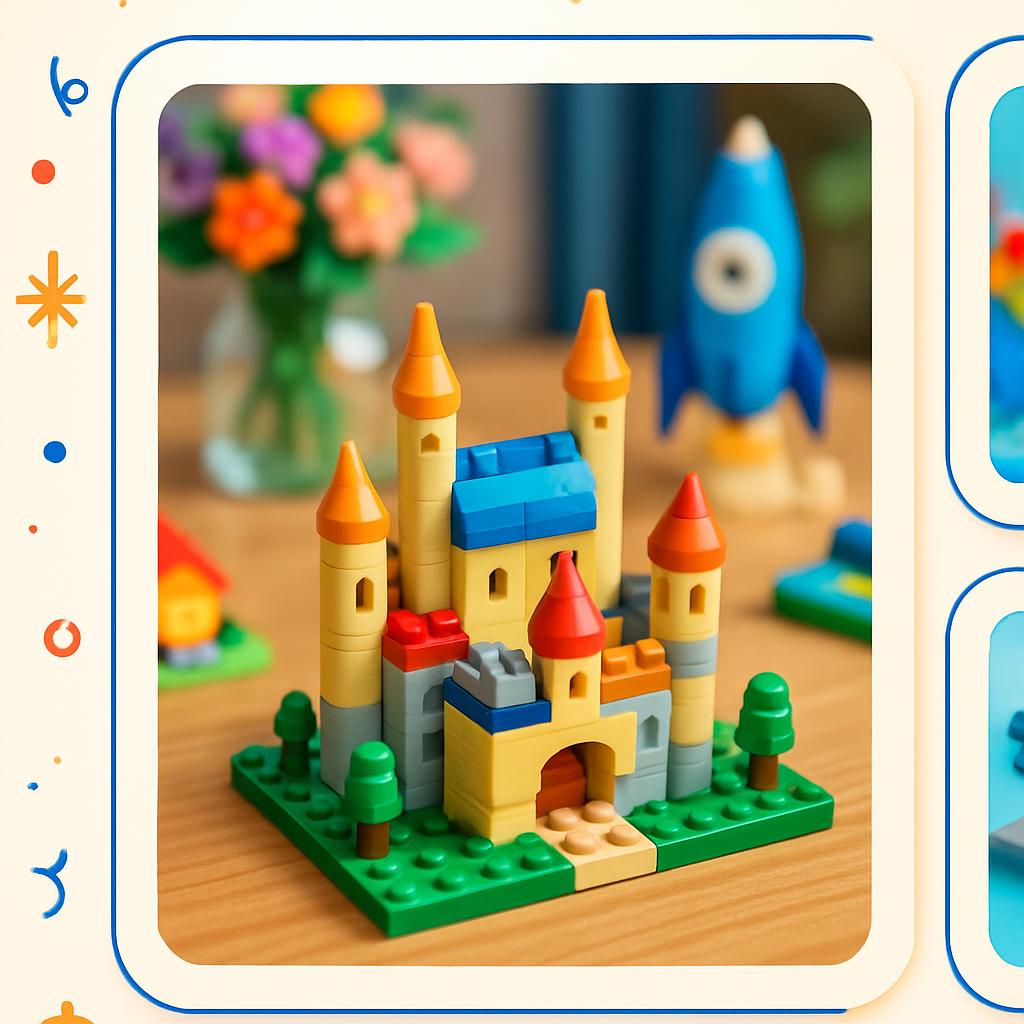 A close-up photograph of a colorful Lego castle-style structure, featuring a variety of bricks in different shapes and col...