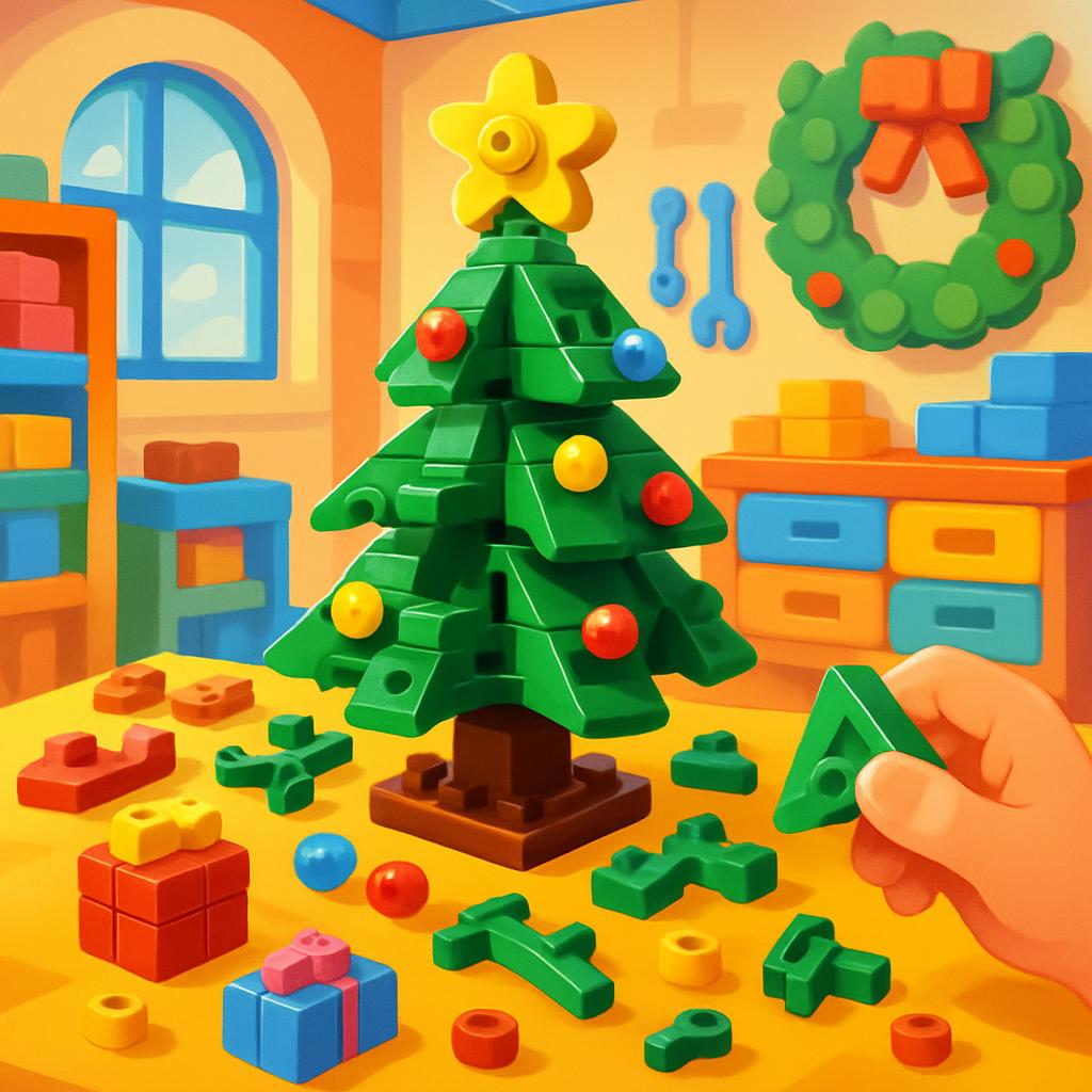 A child’s hand holds a green X-shaped piece as they create a Christmas tree and other holiday shapes out of blocks. Block ...