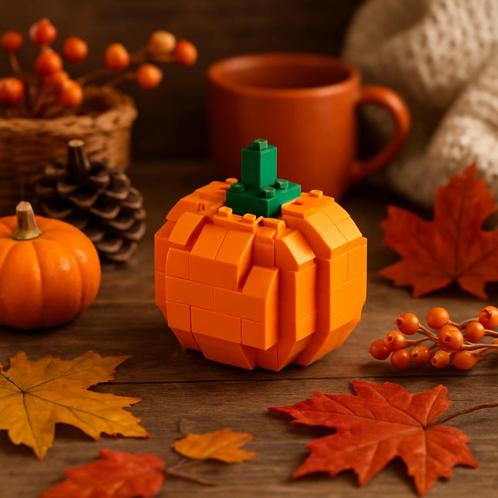 A close-up photograph of a small orange pumpkin made of Lego blocks, prominently displayed in the center of the image amon...