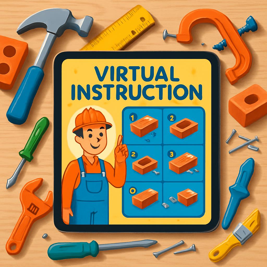 A virtual instruction manual featuring a cartoon construction worker and illustrated steps for assembling small orange blo...